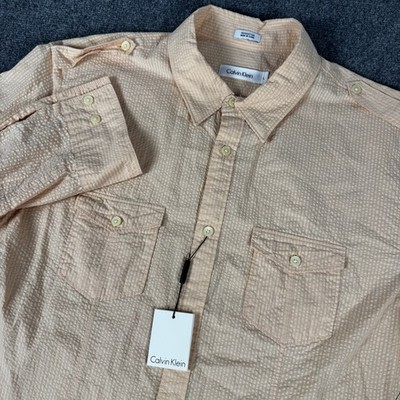 New Calvin Klein Mens Shirt Large Peachy Orange Button Up Seersucker Roll Tab