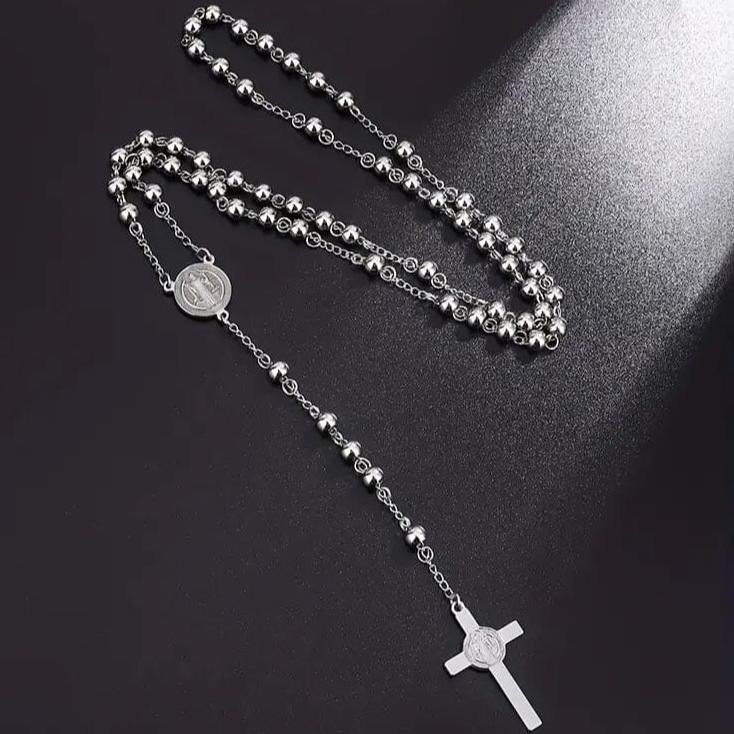 San Benito Golden Plated Stainless Steel Priest Saint Benedict Rosary Necklace