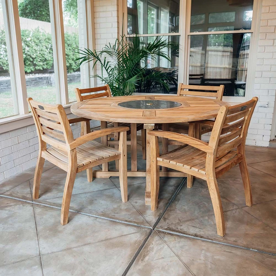 Mesa de comedor redonda Ash & Ember grado A de teca 59" con granito Lazy Susan Foto 3 de 4