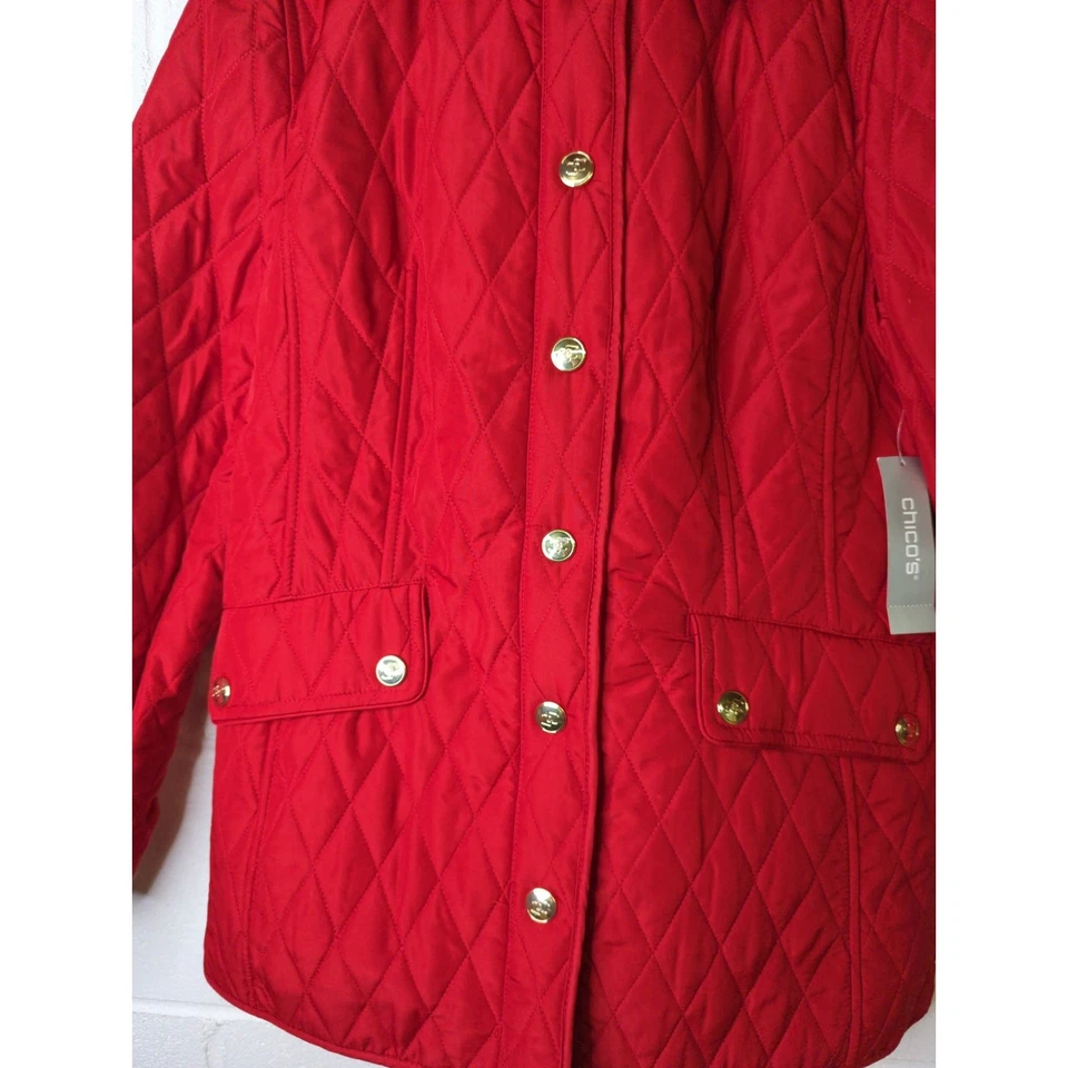 Nwt chicos 0/2 red puffer jacket quilted mid length leather outerwear wild poppy - Image 2 of 4