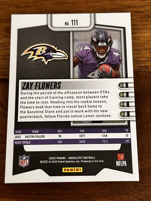 ZAY FLOWERS 2023 PANINI ABSOLUTE #111 RAVENS ROOKIE RED RC #097
