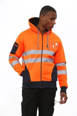 New HiViz High Visibility Jacket Hoodie Work 3 Zip Hooded Zipper Workwear Fleece