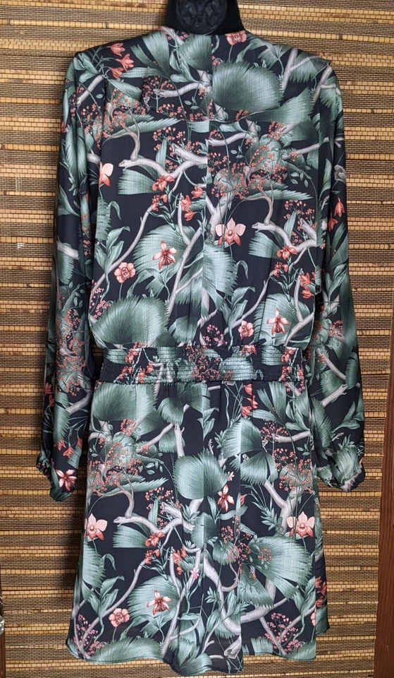 New Johanna Ortiz H&M Womens M 8/10 Floral Dark Green Satin Ruffle Smocked Dress - Image 4 of 4