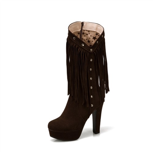 Fashion Womens Tassal Platform Rivet Suede High Heels Fringe Zip Mid Calf Boots - Picture 7 of 15