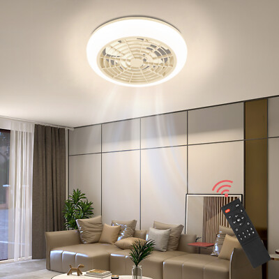 Simple Round Invisible Ceiling Fans with 3-Color LED Light Fan Chandelier+remote