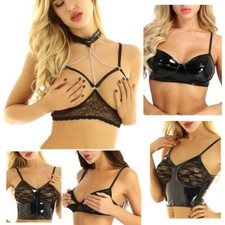 Women's Lace Bralette Nipple Split Bra Tops Bustier Crop Top Blouse Dancewear
