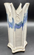 Studio Pottery Vase Artist Signed Abstract Edge Zig Zag Purple Blue Design 8.5"