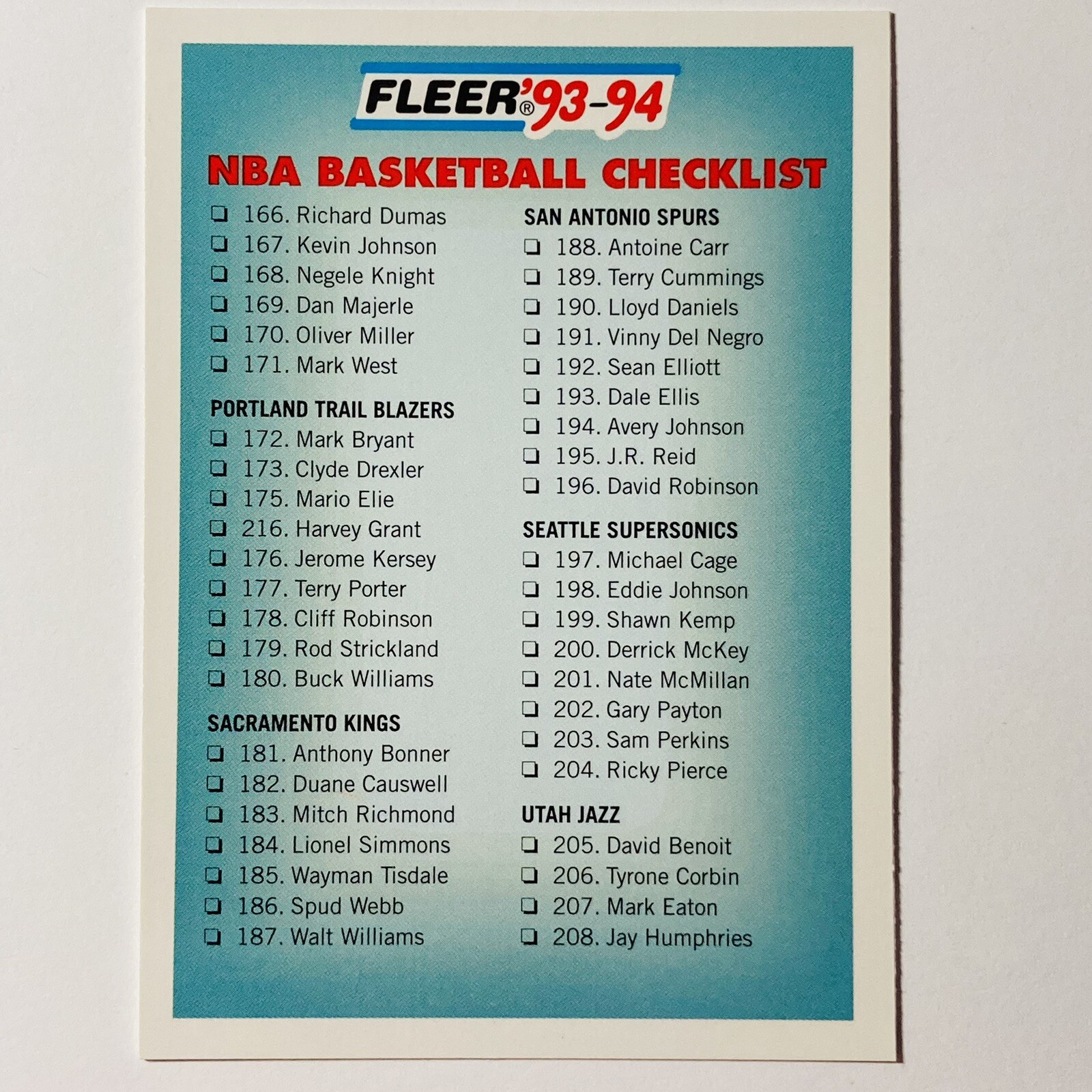 1993 Fleer #240 Checklist 166-240  Basketball Checklist Tc2