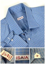 Isaia Napoli Dress Shirt Blue Plaid Size 17.5 /44 100 Cotton Made in Italy VGC