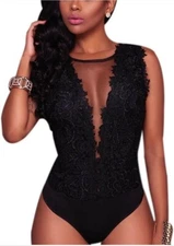 RARITYUS Women One Piece Sexy Lace Swimsuit Short Scoop Neck Jumpsuit Bodysuit L