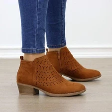 Ankle Boots Chunky Low Heel Round Toe Modern Laser Cut Brown Faux Suede Zipper