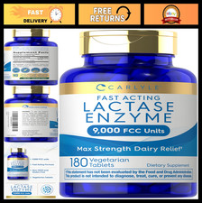 Max Strength Lactase Enzyme Tablets 9000 FCC  180 Pills  Fast Acting Dairy Rel