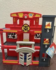Kids Toy Fire Station Playset Red Gray Doors Lights Sound Action Pretend Play