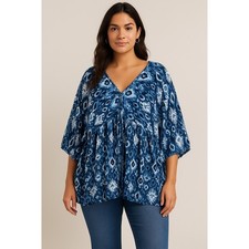 Avenue Blue Ikat Boho Peasant Top 22/24 Tie Front Flowing Sleeve Plus Size