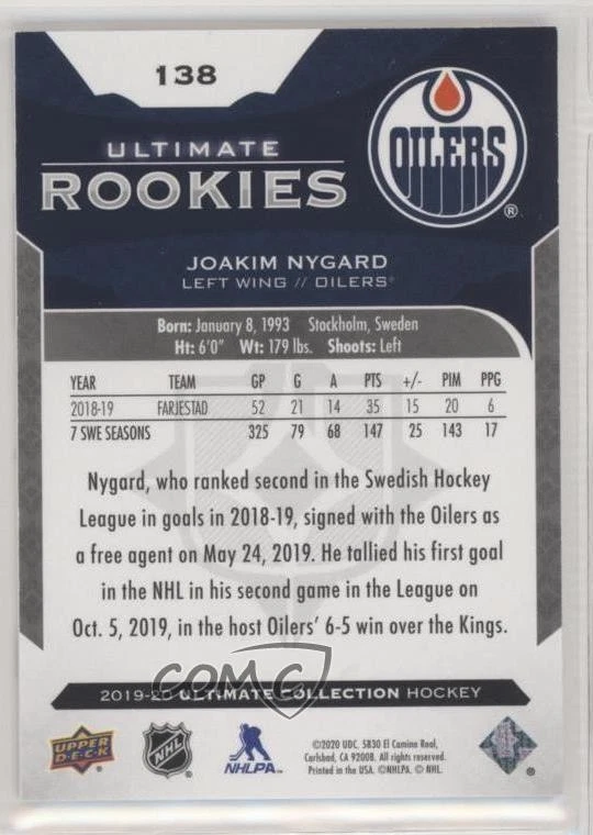 2019 Upper Deck Ultimate Collection Rookies /299 Tier 1 Joakim Nygard Rookie RC - Image 2 of 2