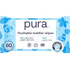 Pura Flushable Toddler Wipes 60ct Plastic Free Hypoallergenic Fragrance Free