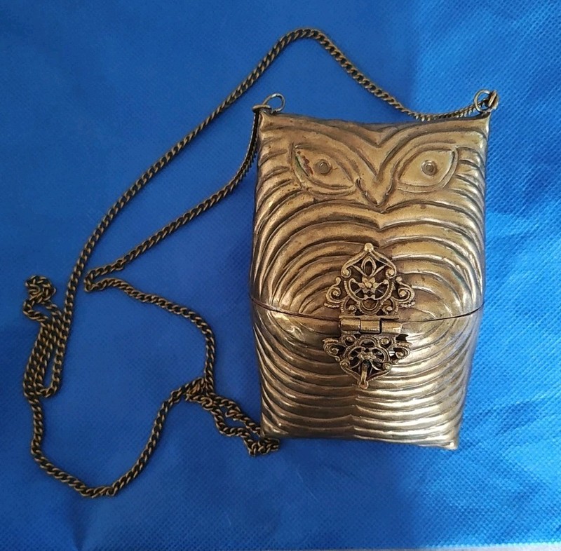 Beautiful Vintage 1940's Brass Owl Purse With Purple Lined Interior, 38"  Chain