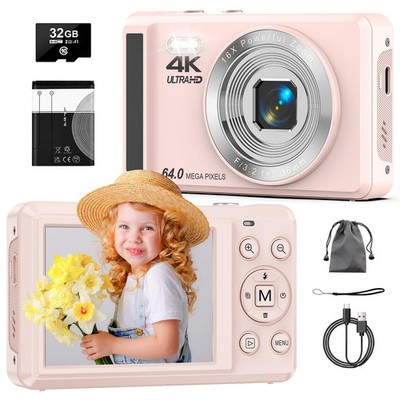 Digitalkamera 4K 64MP mit Autofokus tragbar kompakt, pink 