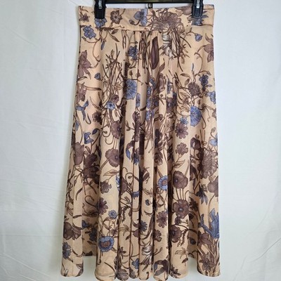 Semi-Sheer Floral Midi Skirt, TAn Brown Blue, Medium 10, Vintage