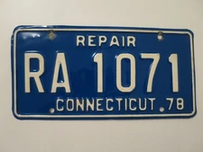 1978 Connecticut Repair License Plate RA 1071