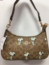 COACH x PEANUTS Teri Shoulder Bag Tan Brown Snoopy Print Signature Canvas CBJ88