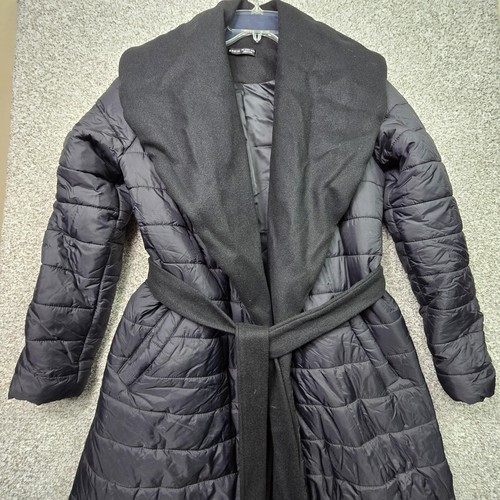 SHEIN Coat Womens Large Black Quilted Belted Puffer Long Shawl Collar Winter