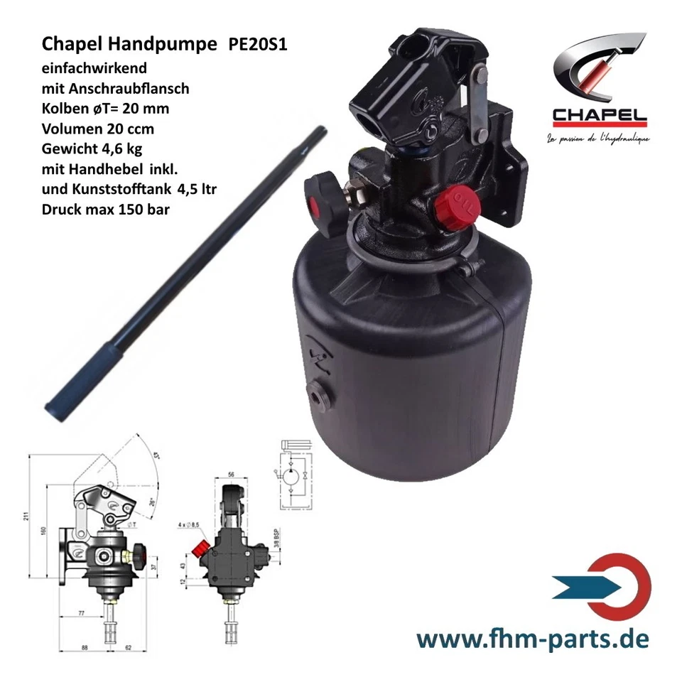 Chapel Hydraulik Handpumpe mit Tank PE20S1 RP4P Kunststofftank Kipperpumpe