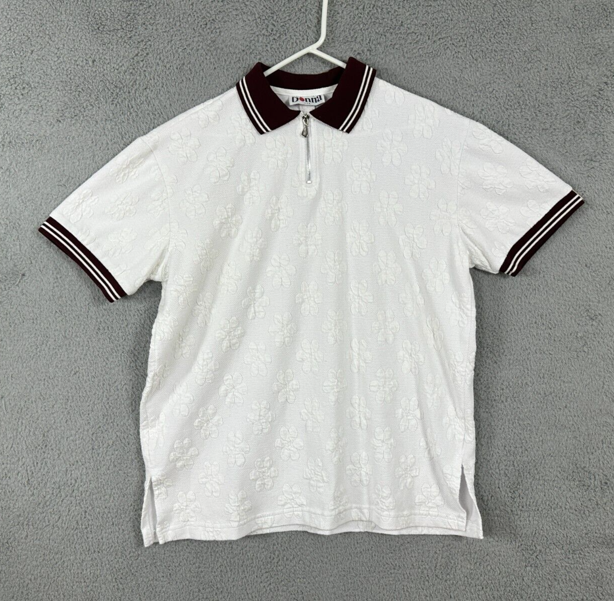 Donna womens white floral textured polo shirt short sleeve 1/4 zip one size-image