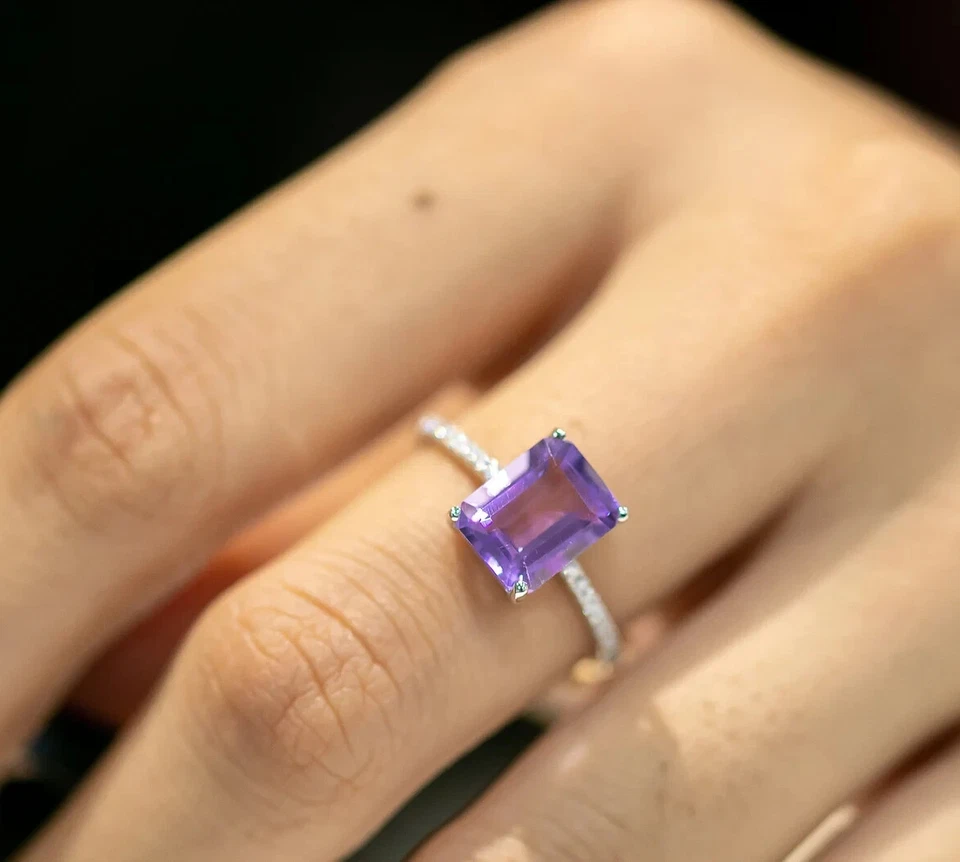 925 Argento Sterling Ametista Anello Appariscente di Fidanzamento Regalo per Lei - Immagine 2 di 4