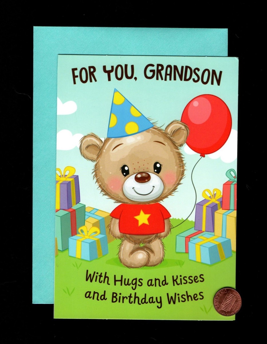 Birthday Teddy Bear Hat Balloon Presents Grandson Greeting Card W/  TRACKING