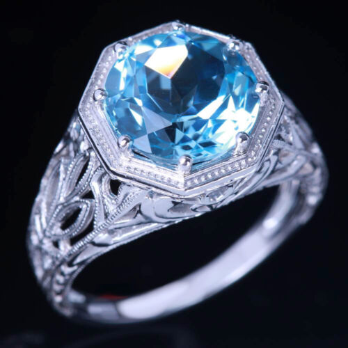 Antique Gemstone Ring Pave3.76ct Blue Topaz Sterling Silver 925 Plate White Gold - Picture 1 of 7