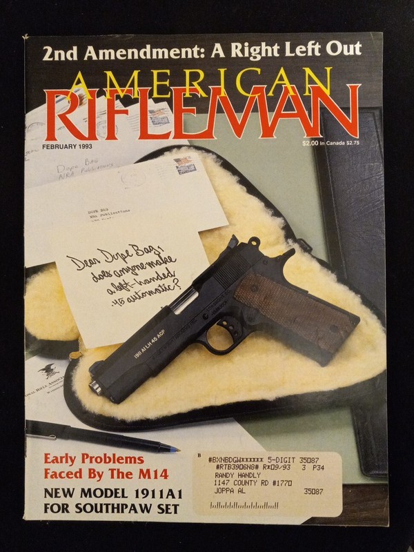 VINTAGE AMERICAN RIFLEMAN FEBRUARY 1993 SOUTHPAW 1911A1 SET - M14-2ND AMENDMENT