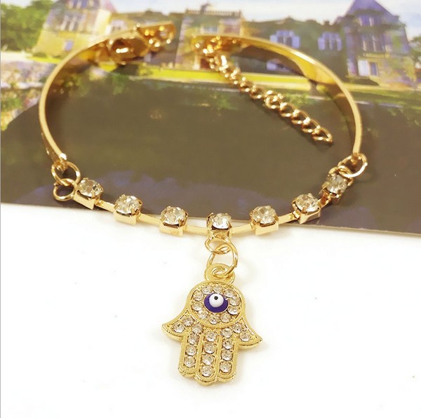 Alternate view of Gold Plated Hand Bracelet Chain Hamsa Evil Eye Crystal Bangle Hot