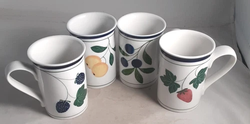 4 Dansk Hand-Painted 4 1/4" Mugs Berries & Fruit Design Excellent Looking Unused