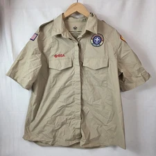 Boy Scouts Ladies Shirt Beige Short Sleeve Performance Vented Patches BSA xl