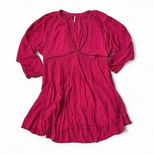 Free People Go Lightly Deep V Neck Embroidered Gauze Tunic Dress Pink Size Small