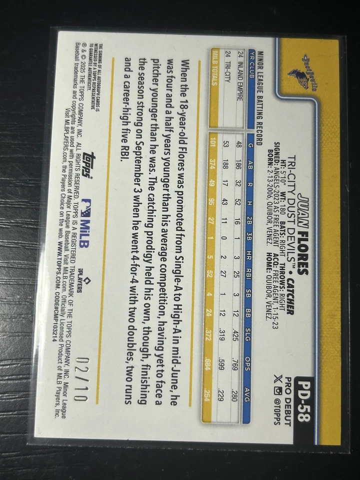 Juan Flores 2025 Topps Pro Debut #PD-58 Red Foil Auto /10 Rookie RC Angels - Image 2 of 2