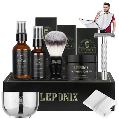 Sandelholz Herren Rasierset Geschenkset Creme, Balsam, Öl, Pinsel, Schale & Bartlatz
