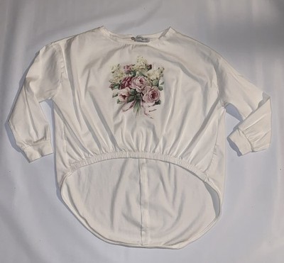 Monnalisa Girls Floral Print High Low Long Sleeve Top Ivory Size 10