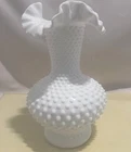 Vintage Fenton White Milk Glass Vase Hobnail Ruffled Double Crimped 10.5" Tall