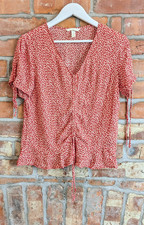 H&M Red & White Floral V-Neck Short Sleeve Viscose Blouse Drawstring UK 10