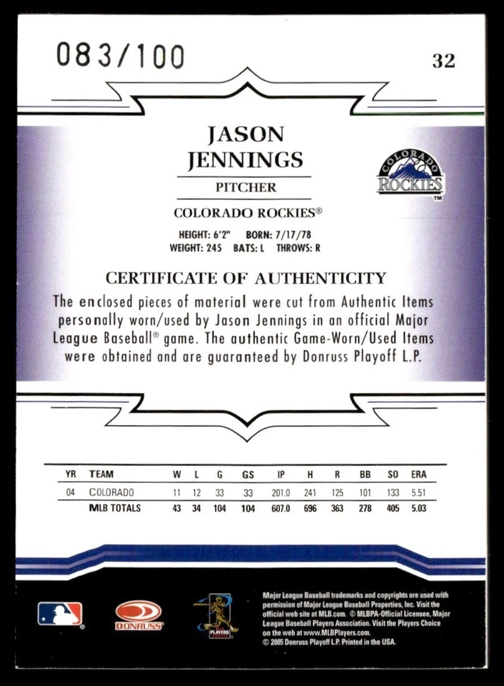 2005 Donruss Throwback Threads Material Combo Prime Jason Jennings 083/100 - Image 2 of 2