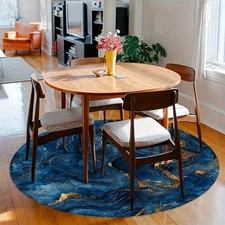 1pc Elegant Blue Marble Golden Veins Round Velvet Mat - Soft, Non-Slip, Machine