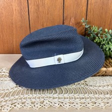 Tommy Bahama Navy Blue Straw Fedora Hat with White Band and Pineapple Charm