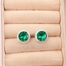 Round Cut Green Emerald Gemstone Sterling Silver Bezel New Dangle Drop Earrings