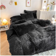 Black Faux Fur Comforter Set - Full/Queen, Ultra Soft Shaggy