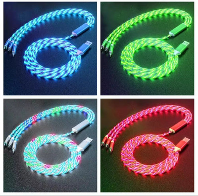 3 in 1 Nylon Glowing LED Light USB Charging/data Cable iPhone, Type C, Micro