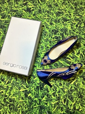 Vintage 90s Sergio Rossi 35.5 Blue Satin Gold Embroidered Heels
