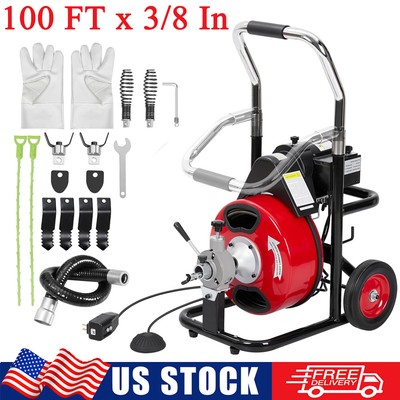 100FTx3/8In Electric Drain Cleaner Machine Auto Feed Snake Auger for 1''-4'' Pipes