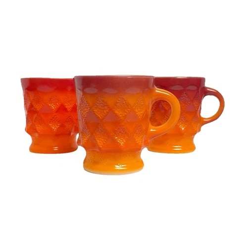 3 ct VTG Anchor Hocking Fire King Kimberly Coffee Cups Mugs Diamond USA Orange